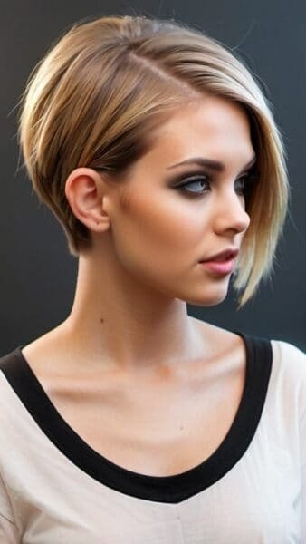 Woman with a chic undercut hairstyle, smokey eye makeup, and a white top with black trim, side profile view.