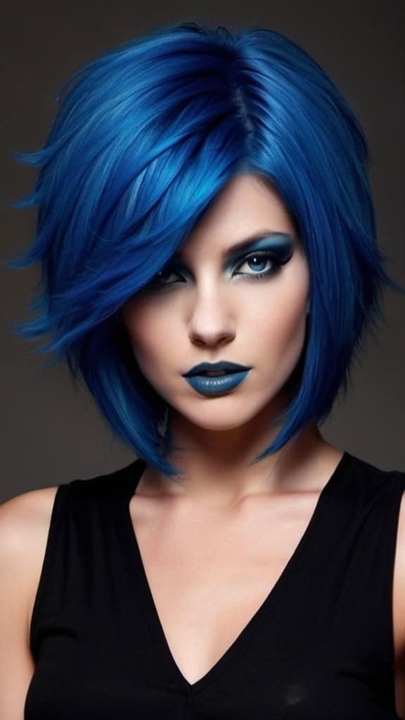 Person with vibrant blue, medium-length wolf cut and makeup, in a sleeveless black top, looking confidently at the camera.