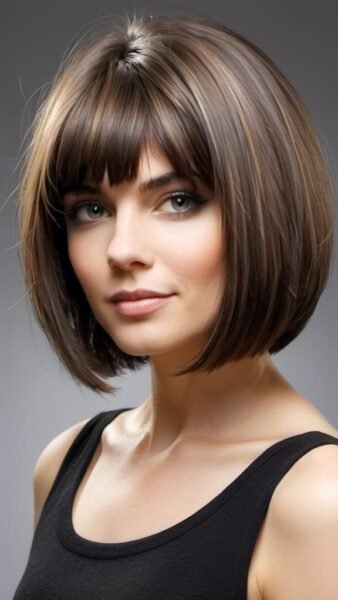 Woman with a chic bob haircut for fine hair and bangs, in a black tank top, poses against a gray background.