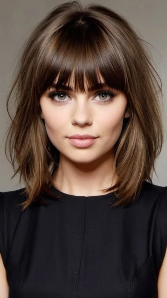 Bombshell Bangs Medium Hairstyles for Round Faces