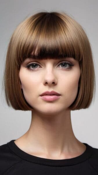 A person with a short bob haircut reminiscent of a bowl cut, wearing a black top, looks directly at the camera against a neutral background.