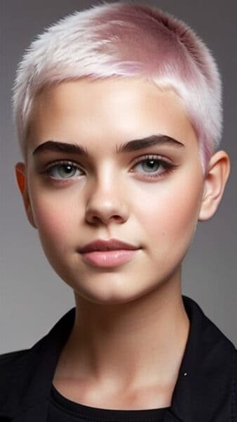 Person with a light pink buzz cut and neutral expression, wearing a black top, against a gray background.