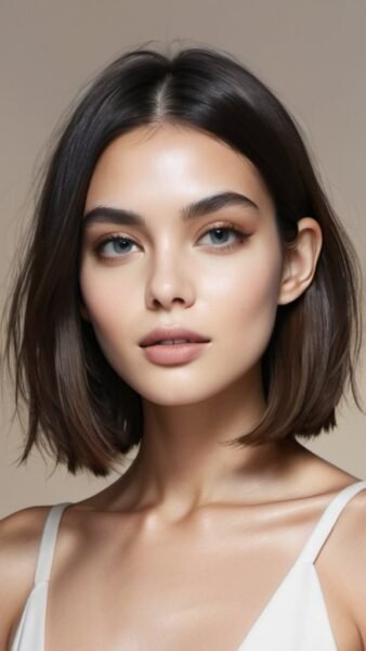 Woman with collarbone-length brown hair and light skin in a white top, looking forward against a neutral background.