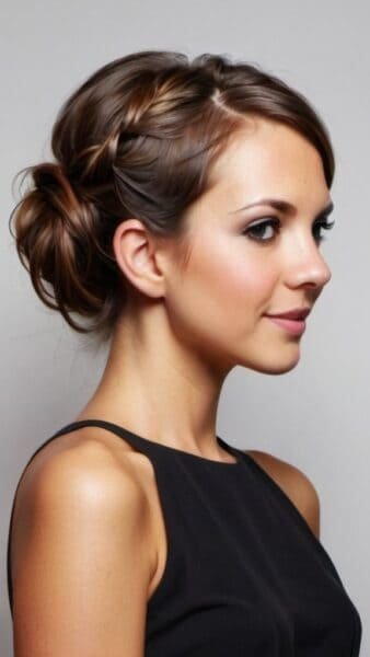 Woman with an elegant, easy updo for medium hair, wearing a sleeveless black top, facing sideways against a gray background.