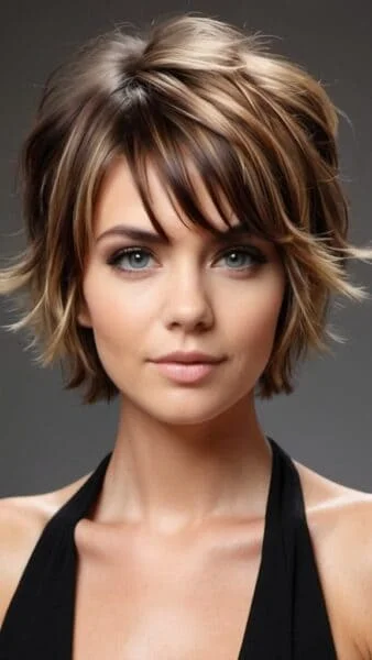Edgy, smiling person with short, wavy brown hair and highlights in a black sleeveless top against a grey background.