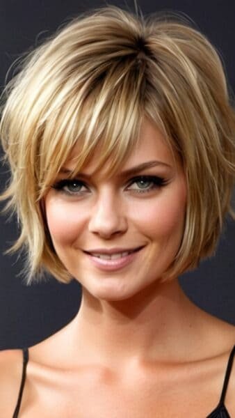 Flirty woman with short, blonde, fluffy hair and bangs smiles at the camera against a dark background.