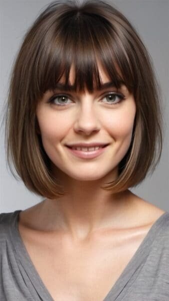 Woman with short brown hair and bangs smiling, showcasing one of the chic hairstyles for medium hair length in a gray top.
