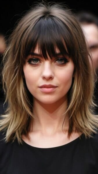 Woman with layered haircuts with bangs, wearing a black top, stands against a blurred background.