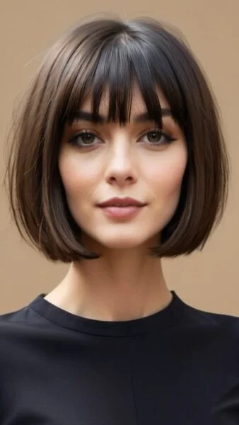 Woman with a low-maintenance short brown bob haircut and bangs, wearing a black top, against a brown background.