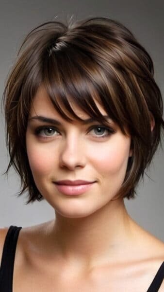 Smiling person with a low-maintenance short haircut, tousled brown hair, and a black top against a neutral background.