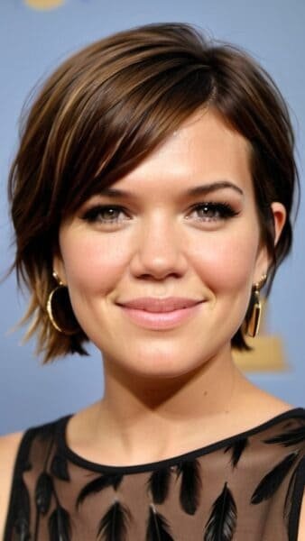 Smiling person with Mandy Moore short hair, hoop earrings in a black top with feather patterns. Blue background.