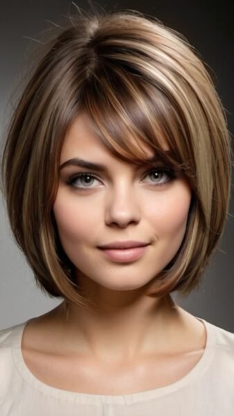 Woman with short, layered light brown hair, perfect for round faces, smiles at the camera. Beige top, neutral background.
