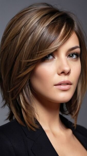 A person with a brown layered bob, perfect among medium hairstyles for women, wears a black jacket against a gray backdrop.