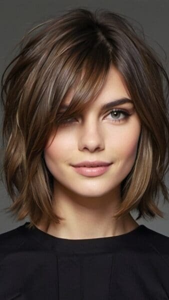 Woman with a wavy bob, ideal for medium length haircuts for thick hair, smiles in a black top against a gray background.
