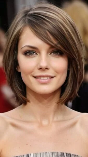 Woman with a highlighted brown bob, a stylish medium-length hairstyle for thin hair, smiles softly against a blurred background.
