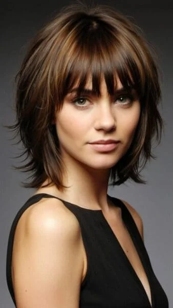 Woman with layered brown hair and bangs, wearing a black sleeveless top, showcasing a medium straight hairstyle against a dark background.