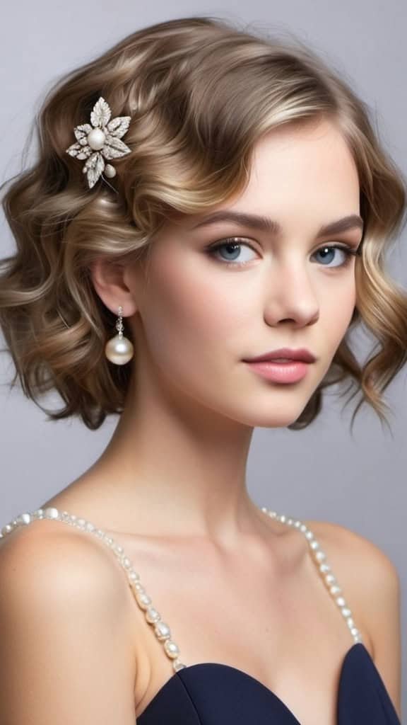 Neck-Length Wavy Hair With Pearl Accessorize Prom Hairstyles for Short Hair