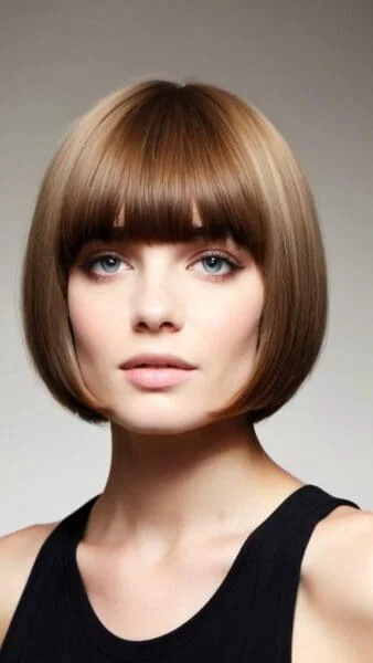 Person with a brown pageboy haircut and bangs, in a sleeveless black top, looking into the camera with a neutral expression.
