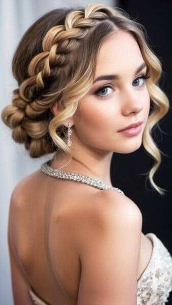 Young woman with a braided updo, wavy strands, in a jeweled dress and elegant earrings, showcasing prom hairstyles for short hair.