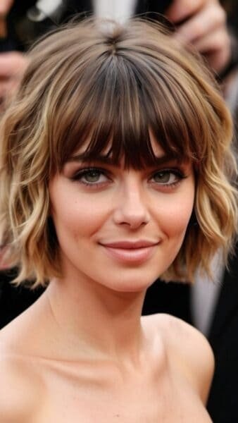 Woman with short fringe hairstyle and wavy hair, smiling at the camera.