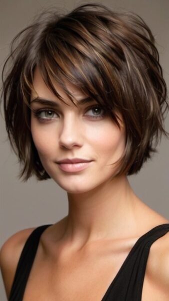 Woman with tousled brown hair and green eyes, in a black sleeveless top, embodies the ideal short haircut for oval faces.