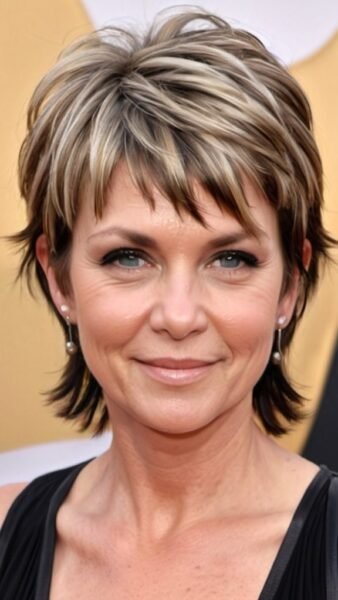 A person with short, highlighted hair perfect for women over 40, smiling and wearing pearl earrings and a black top.