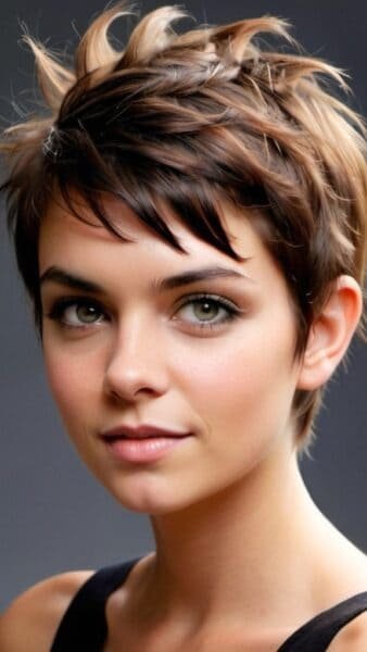 Person with short, messy brown hair and a neutral expression against a gray background, wearing a black top.