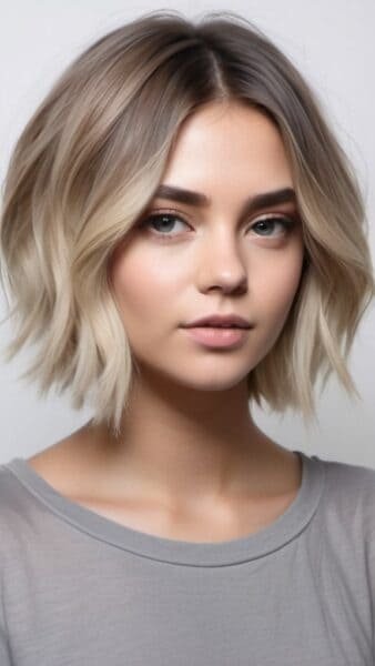 A person with a short ombre bob hairstyle and light makeup wearing a gray top, set against a neutral background.