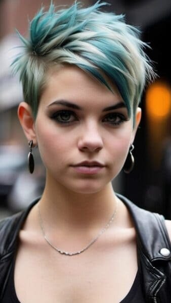 A person with short punk hairstyles and earrings, teal hair spiked, wears a leather jacket, standing outdoors neutrally.