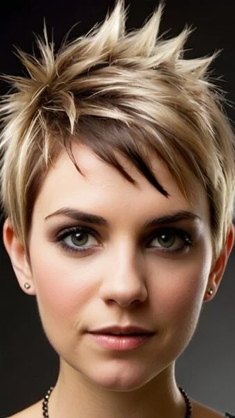 Person with a Short Spiky Haircuts for Women style, blonde with dark roots, wearing small earrings, looking at the camera.