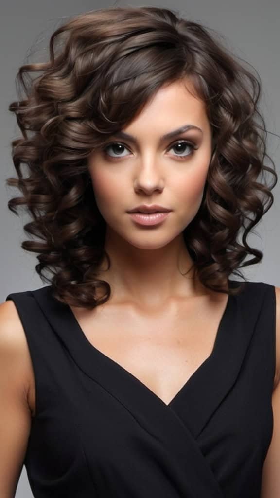 Woman with medium length curly brown hair, wearing a black sleeveless top, looking directly at the camera with a neutral expression.