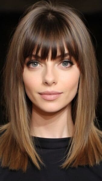 Woman with straight brown hair and bangs, wearing a black top, exemplifying stylish looks while gazing neutrally at the camera.