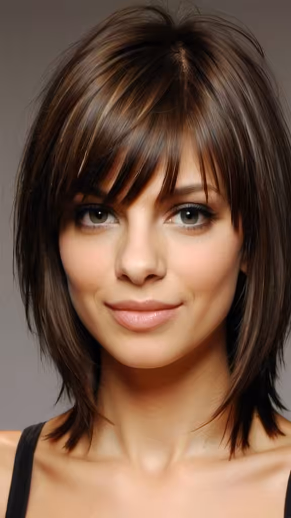 Thin Banged Layered Cut Medium Straight Hairstyles and Haircuts
