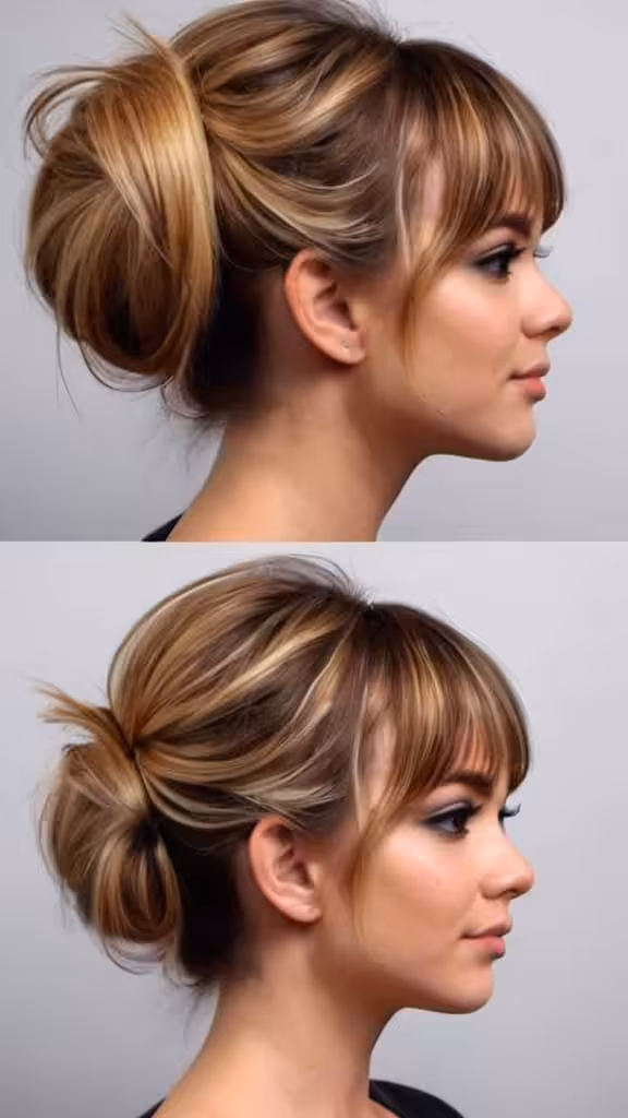Updo with Face-Framing Bangs Medium Hairstyles for Round Faces