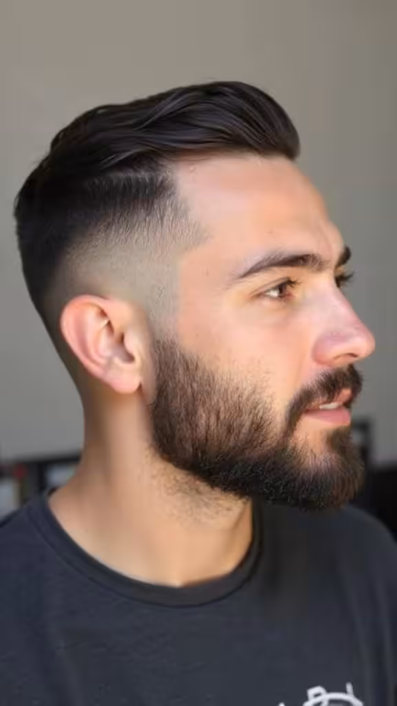 Short Slick Back with Mid Fade and Beard Mid Taper Fade
