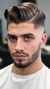 Man with a styled taper fade and wavy hair, wearing a white shirt, looking confidently at the camera.