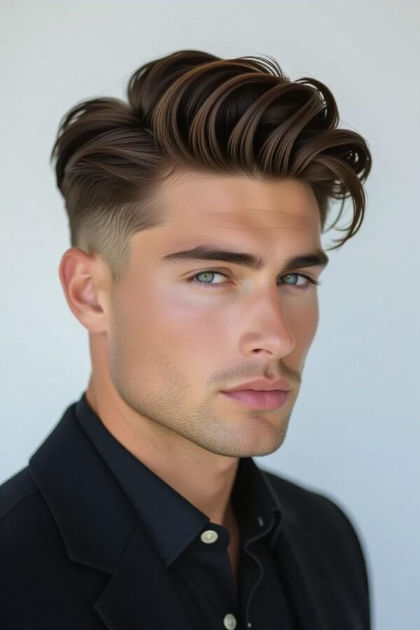 Asymmetrical low taper fade, uneven hairstyle for wavy hair, creative look.