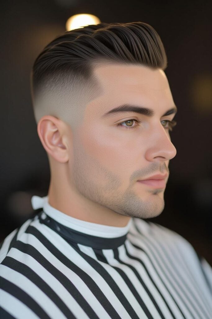 35 High Taper Fade haircuts for Men in 2025 A man with a bald high taper fade, short top with skin-tight tapered sides, styled minimally.