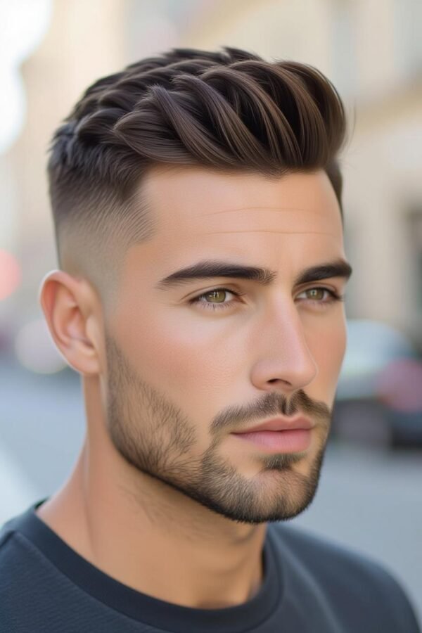 Beard with round face low taper fade, short top with full beard, rugged look.