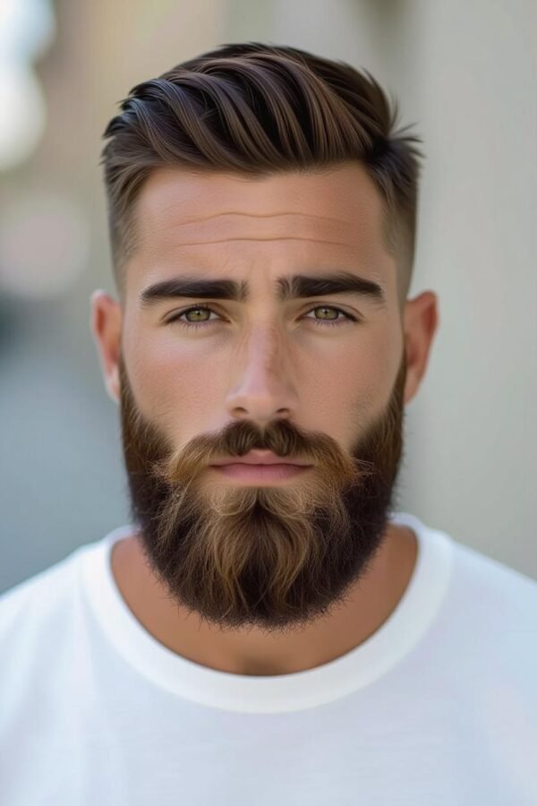 Bearded low taper fade, tousled top with full beard, rugged bold look.