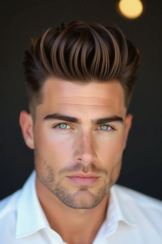 35 High Taper Fade haircuts for Men in 2025 A man with a blowout high taper fade, full top styled with a blow dryer and short, tapered sides.