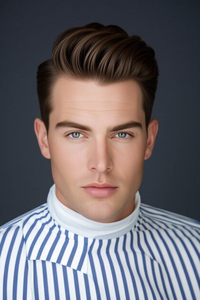 35 High Taper Fade haircuts for Men in 2025 A man with a brushed up top high taper fade, voluminous top styled with gel and tapered sides.