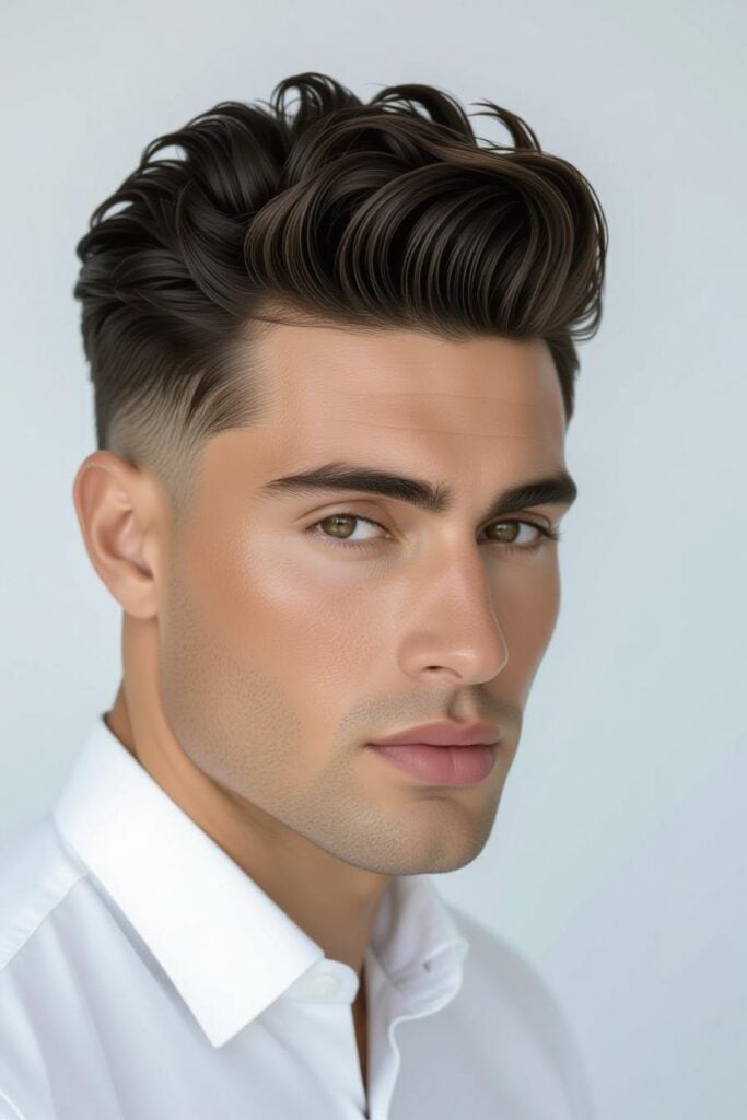 35 High Taper Fade haircuts for Men in 2025 A man with a burst high taper fade, voluminous coily top styled with curl cream and semi-circular tapered sides.