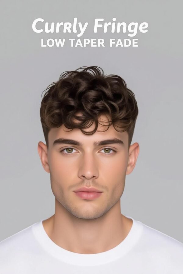 Curly fringe low taper fade, forward curly hairstyle, youthful textured look.