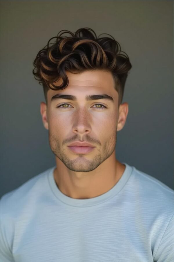 Curly low taper fade, bouncy curls hairstyle, textured vibrant look.