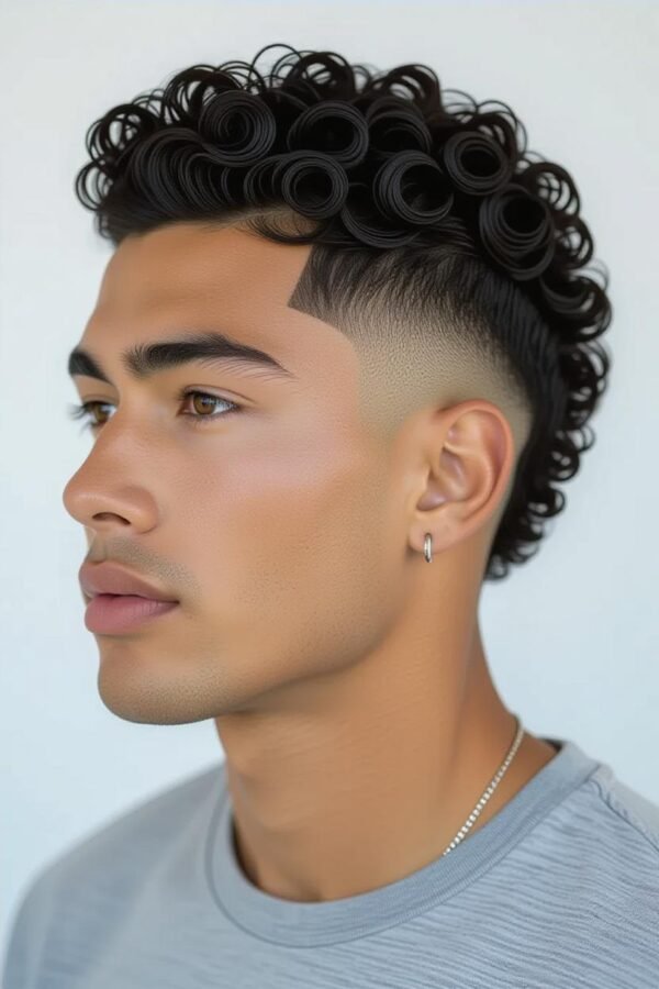 Curly mohawk low taper fade, curly center strip hairstyle, bold edgy look.