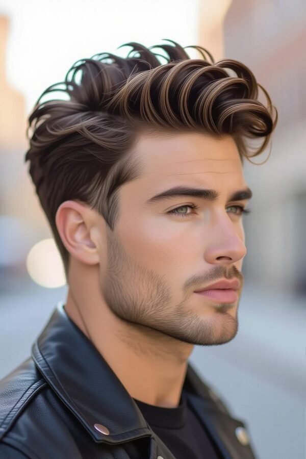 Curly pompadour low taper fade, voluminous curly hairstyle, bold modern look.