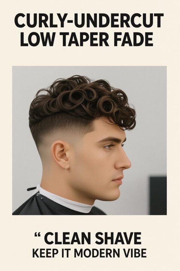 Curly undercut low taper fade, disconnected curly hairstyle, edgy modern look.