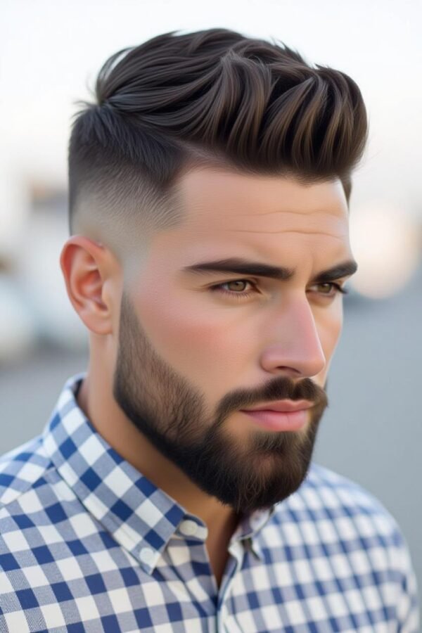 Drop fade low taper fade, contoured ear hairstyle for round face, modern look.