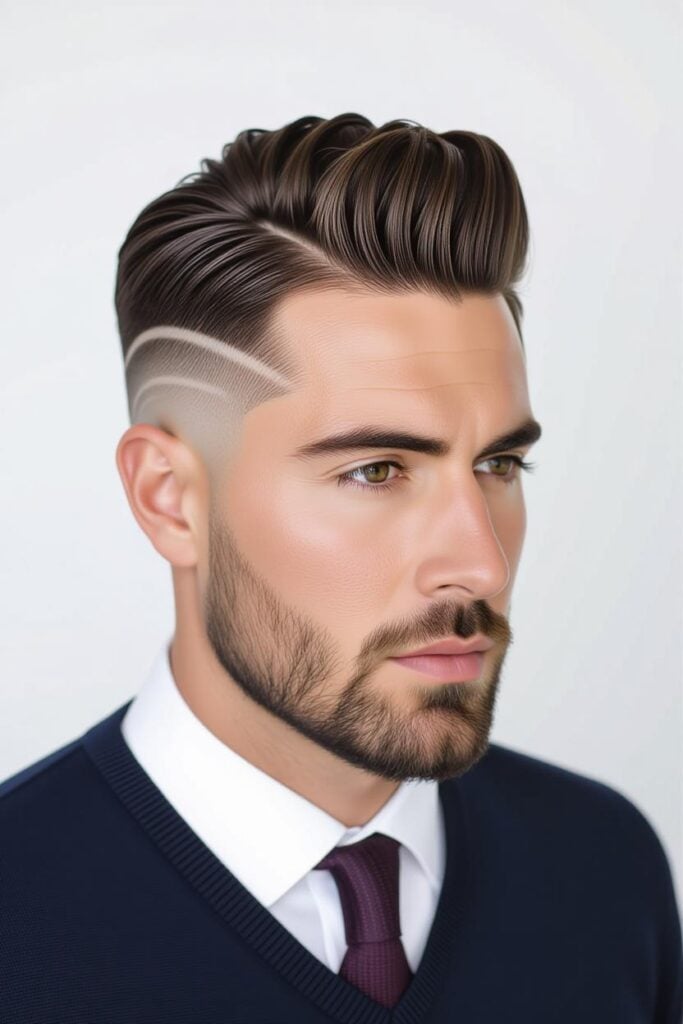 35 High Taper Fade haircuts for Men in 2025 A man with a fade with shaved lines, geometric designs in tapered sides and textured top styled with cream.